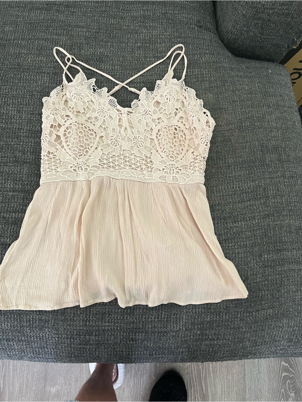 Maurices Cream Lace Crochet Cami with Crinkle Hem